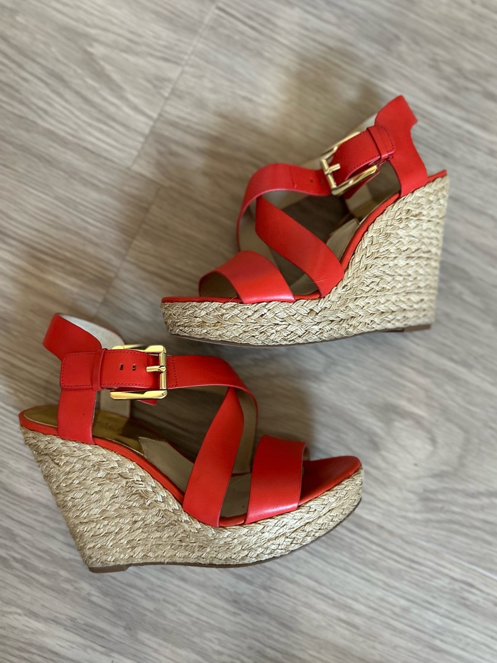 Michael Kors Orange/Red Espadrille Wedge Sandals with Gold Buckle